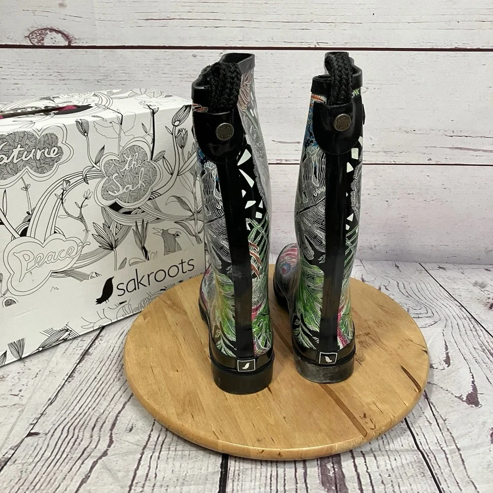 Sakroots Rhythm Rain Boots Black Floral Zebra Tall Womens Size‎ 9 Festival Art